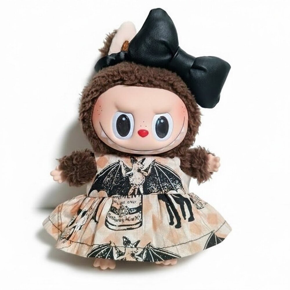 Halloween Bat Print Dress with Faux Leather Bow Labubu Outfit